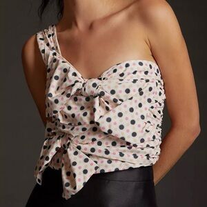 Anthropologie Maeve Size 8 One Shoulder Bow Top Polka Dot Print Tie Back Zip